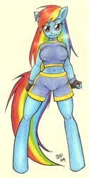 Size: 402x800 | Tagged: safe, artist:kulli, derpibooru import, rainbow dash, anthro, belly button, breasts, clothes, female, midriff, rainboob dash, signature, solo, sports bra, sports shorts, traditional art