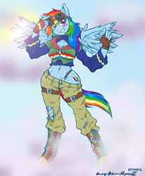 Size: 1232x1498 | Tagged: safe, artist:kitonkurai, derpibooru import, rainbow dash, anthro, bandage, belly button, boots, clothes, fingerless gloves, gloves, hoodie, midriff, panties, pants, solo, spread wings, thong, torn clothes, underwear