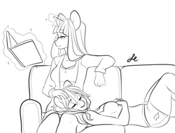 Size: 658x500 | Tagged: safe, artist:lolopan, derpibooru import, rainbow dash, twilight sparkle, anthro, female, lesbian, lineart, monochrome, reading, shipping, sofa, twidash