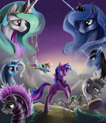 Size: 3456x4032 | Tagged: safe, artist:silfoe, derpibooru import, princess celestia, princess luna, rainbow dash, spike, trixie, twilight sparkle, oc, alicorn, dragon, pegasus, pony, unicorn, armor, canterlot, commission, fanfic art, female, flying, frown, glare, gritted teeth, mare, nose wrinkle, open mouth, running, sad, smiling, spread wings, underhoof