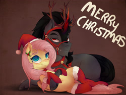 Size: 4000x3000 | Tagged: safe, artist:evehly, derpibooru import, fluttershy, king sombra, pegasus, pony, unicorn, absurd resolution, antlers, christmas, clothes, holly, shipping, socks, sombrashy