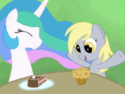 Size: 1333x1000 | Tagged: safe, artist:grennadder, derpy hooves, princess celestia, alicorn, pegasus, pony, cake, cakelestia, cute, eyes closed, eyes on the prize, female, food, happy, mare, muffin, open mouth, smiling
