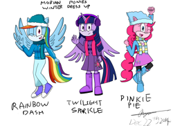 Size: 2338x1700 | Tagged: safe, artist:infinityr319, derpibooru import, pinkie pie, rainbow dash, twilight sparkle, twilight sparkle (alicorn), anthro, plantigrade anthro, clothes, earmuffs, equestria girls outfit, scarf, sonic the hedgehog (series), sonicified, style emulation, trenchcoat, winter outfit