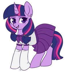 Size: 471x518 | Tagged: safe, artist:lulubell, derpibooru import, twilight sparkle, unicorn twilight, pony, unicorn, alternate hairstyle, clothes, female, looking at you, mare, open mouth, open smile, pigtails, sailor uniform, schoolgirl, simple background, skirt, smiling, smiling at you, socks, solo, transparent background