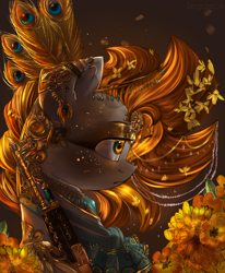 Size: 1024x1242 | Tagged: safe, artist:segraece, oc, oc only, oc:golden rain, peacock, pony, ak, ak-47, akm, assault rifle, bust, clothes, detailed, feather, flower, flower in hair, glitter, gold, gun, gun engraving, jewelry, looking away, peacock feathers, portrait, profile, rifle, scratching, solo, weapon