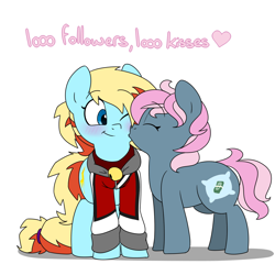 Size: 1280x1280 | Tagged: safe, artist:victoreach, oc, oc only, oc:honey wound, oc:juicy dream, pony, blushing, clothes, cute, female, kissing, lesbian, mare, milestone, oc x oc, shipping, simple background, white background