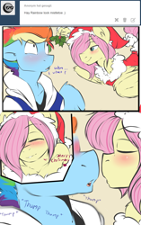 Size: 1280x2042 | Tagged: dead source, safe, artist:rainbowscreen, derpibooru import, butterscotch, fluttershy, rainbow blitz, rainbow dash, anthro, ask the gaylord, blushing, butterblitz, christmas, comic, flutterdash, gay, holly, holly mistaken for mistletoe, imminent kissing, male, rule 63, shipping, tumblr