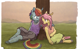 Size: 900x568 | Tagged: safe, artist:shiropoint, artist:spectralunicorn, derpibooru import, fluttershy, rainbow dash, anthro, colored, female, flutterdash, lesbian, shipping, tree