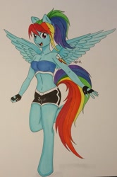 Size: 535x805 | Tagged: safe, artist:shyredd, derpibooru import, rainbow dash, anthro, unguligrade anthro, alternative cutie mark placement, clothes, fingerless gloves, gloves, human facial structure, sports shorts, tube top