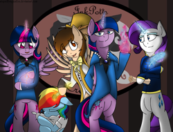 Size: 1280x980 | Tagged: safe, artist:stuflox, rainbow dash, rarity, twilight sparkle, twilight sparkle (alicorn), oc, alicorn, pegasus, pony, unicorn, bipedal, clothes, crossover, eyes closed, feather, magic, monsparkle, necktie, open mouth, paintbrush, pillow, scroll, the count of monte cristo