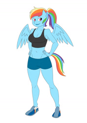 Size: 1200x1697 | Tagged: safe, artist:thecreator9, derpibooru import, rainbow dash, anthro, belly button, breasts, hand on hip, rainboob dash, solo