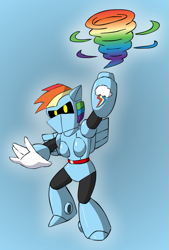 Size: 643x950 | Tagged: safe, artist:sandvvich, derpibooru import, rainbow dash, anthro, robot, megaman, robot master, solo, tornado