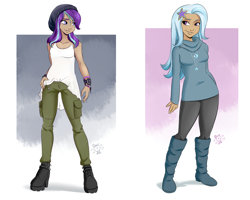 Size: 3000x2400 | Tagged: safe, artist:ponut_joe, starlight glimmer, trixie, human, armband, beanie, boots, bra, clothes, dark skin, duo, female, hat, high heel boots, humanized, jewelry, looking at each other, moderate dark skin, pants, see-through, shirt, shoes, smiling, sweater, underwear, wallpaper