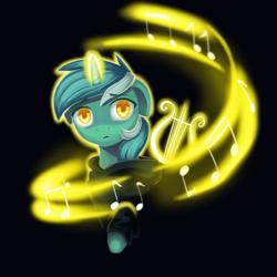 Size: 900x900 | Tagged: safe, artist:1nakir1, lyra heartstrings, pony, unicorn, fanfic:background pony, black background, clothes, colored pupils, fanfic art, glowing horn, hoodie, lyre, magic, music notes, musical instrument, simple background, solo