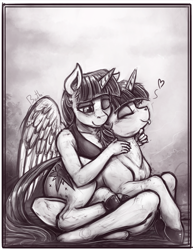 Size: 1377x1780 | Tagged: safe, artist:bantha, derpibooru import, twilight sparkle, twilight sparkle (alicorn), anthro, plantigrade anthro, :p, anthro ponidox, barefoot, chin scratch, cuddling, cute, eyes closed, feet, grayscale, heart, hug, monochrome, prone, sitting, smiling, snuggling, tongue out, twiabetes, wink