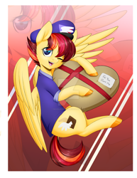 Size: 1024x1325 | Tagged: safe, artist:noodlefreak88, oc, oc only, oc:special delivery, pegasus, pony, cute, female, looking at you, mailmare, mailpony, mare, one eye closed, package, solo, watermark