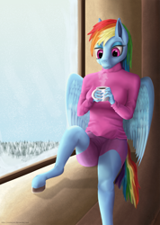 Size: 3559x5000 | Tagged: safe, artist:misterjuly, derpibooru import, rainbow dash, anthro, absurd resolution, coffee, hoers, mug, solo