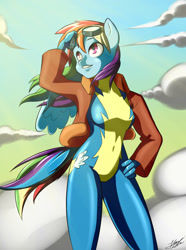 Size: 1280x1720 | Tagged: safe, artist:skecchiart, derpibooru import, rainbow dash, anthro, pegasus, belly button, bomber jacket, clothes, cloud, female, goggles, skintight clothes, sky, solo, wonderbolts uniform