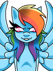 Size: 768x1024 | Tagged: safe, artist:fckyou5ideways, derpibooru import, rainbow dash, anthro, evil, looking at you, smiling, solo