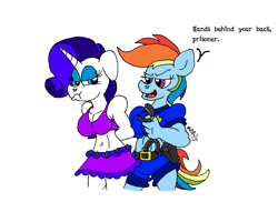 Size: 3507x2552 | Tagged: safe, artist:dragonboi471, derpibooru import, rainbow dash, rarity, anthro, arrested, belly button, clothes, cuffs, hand cuffs, midriff, police uniform, scrunchy face, skirt