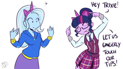 Size: 1280x720 | Tagged: safe, artist:ponut_joe, sci-twi, trixie, twilight sparkle, equestria girls, breasts, clothes, dialogue, explicit source, fake horn, female, glasses, looking at each other, open mouth, pointing, pony ears, simple background, smiling, white background