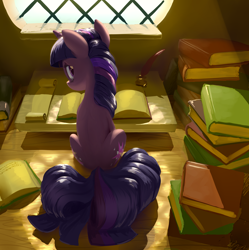 Size: 3316x3326 | Tagged: safe, artist:nadnerbd, derpibooru import, twilight sparkle, unicorn twilight, pony, unicorn, backlighting, book, both cutie marks, female, fluffy tail, high res, indoors, inkwell, looking at you, looking back, looking back at you, looking over shoulder, mare, quill, rear view, scroll, sitting, solo, window