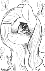 Size: 450x700 | Tagged: safe, artist:p0n1es, fluttershy, butterfly, pegasus, pony, blushing, bust, cute, looking at you, monochrome, portrait, shyabetes, sketch, solo