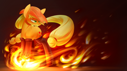 Size: 1920x1080 | Tagged: safe, artist:underpable, derpibooru import, part of a set, applejack, earth pony, pony, bioshock, bioshock infinite, crossover, dark background, devil's kiss, female, fire, fireproof boots, incinerate!, mare, plasmid, pyrokinesis, simple background, solo, vigor, wallpaper