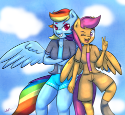 Size: 1300x1200 | Tagged: safe, artist:wolfy-pony, derpibooru import, rainbow dash, scootaloo, anthro, older, peace sign