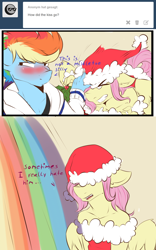 Size: 1200x1924 | Tagged: dead source, safe, artist:rainbowscreen, derpibooru import, butterscotch, fluttershy, rainbow blitz, rainbow dash, anthro, ask, ask the gaylord, blushing, butterblitz, comic, flutterdash, gay, hat, holly, holly mistaken for mistletoe, male, rule 63, santa hat, shipping, shipping denied, subverted holly mistaken for mistletoe