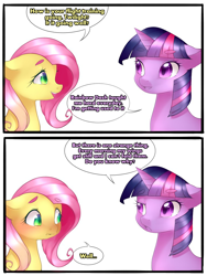 Size: 768x1024 | Tagged: safe, fluttershy, twilight sparkle, twilight sparkle (alicorn), alicorn, pegasus, pony, blushing, comic, female, implied wingboner, mare, worried