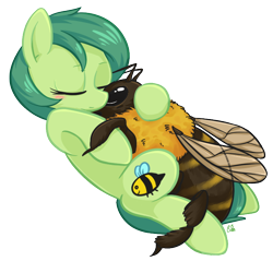 Size: 722x691 | Tagged: safe, artist:bloodorangepancakes, oc, oc only, oc:silly numptie, bee, earth pony, pony, cuddling, cute, female, fluffy, hugging a bee, mare, plounge, reddit, simple background, snuggling, solo, transparent background