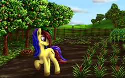 Size: 3200x2000 | Tagged: safe, artist:pony-stark, oc, oc only, oc:ayvendil, earth pony, pony, ear fluff, garden, solo, tree, unshorn fetlocks