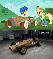 Size: 1252x1388 | Tagged: safe, artist:peternators, screencap, apple bloom, applejack, earth pony, pony, the cart before the ponies, car, comparison, ferrari, ferrari 125, forza motorsport 6, meme, racecar