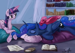 Size: 1280x914 | Tagged: safe, artist:silfoe, derpibooru import, princess luna, twilight sparkle, twilight sparkle (alicorn), alicorn, pony, book, eyes closed, female, lesbian, magic, mare, missing accessory, pillow, prone, royal sketchbook, shipping, sleeping, smiling, telekinesis, twiluna