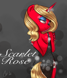 Size: 540x628 | Tagged: safe, artist:ceehoff, oc, oc only, oc:scarlet rose, anthro, unicorn, anthro oc, backless, backless dress, black dress, blonde, clothes, dress, eyeliner, female, looking over shoulder, makeup, mare, open-back dress, solo