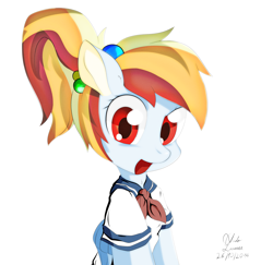 Size: 3200x3111 | Tagged: safe, artist:ando, derpibooru import, rainbow dash, anthro, anime, bubble, clothes, cute, looking at you, necktie, open mouth, red eyes, school uniform, schoolgirl, smiling, solo