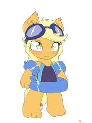 Size: 1200x1600 | Tagged: safe, artist:alasou, derpibooru import, applejack, anthro, earth pony, pony, bipedal, chibi, clothes, floaty, goggles, inner tube, one-piece swimsuit, open-back swimsuit, simple background, smiling, solo, sports swimsuit, swimsuit, toes, transparent background, water wings