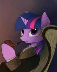 Size: 795x1004 | Tagged: safe, artist:yakovlev-vad, derpibooru import, twilight sparkle, pony, chair, clothes, lounging, pipe, robe, sherlock holmes, solo, tabun art-battle