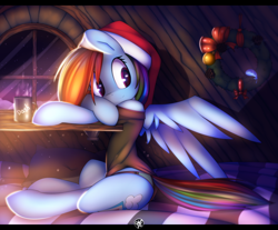 Size: 1280x1060 | Tagged: safe, artist:omi, rainbow dash, pegasus, pony, adorasexy, clothes, cute, female, hat, leotard, mare, mug, panties, santa hat, sexy, solo, stupid sexy rainbow dash, underwear, wreath