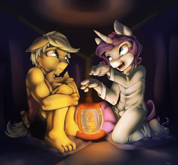 Size: 2100x1950 | Tagged: safe, artist:alasou, derpibooru import, applejack, applejack (male), elusive, rarity, anthro, earth pony, plantigrade anthro, pony, barefoot, clothes, feet, floppy ears, lantern, pajamas, rule 63