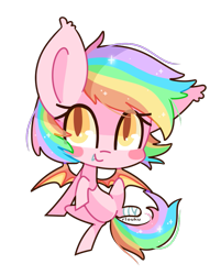 Size: 819x1021 | Tagged: safe, artist:riouku, oc, oc only, oc:paper stars, bat pony, pony, amputee, chibi, cute, cute little fangs, fangs, female, looking at you, mare, rainbow hair, solo, sparkly mane, stump