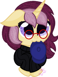 Size: 366x485 | Tagged: safe, artist:starla-stroke94, oc, oc only, oc:lannie lona, :3, beatnik, beret, clothes, glasses, mouth hold, solo, sweater, turtleneck