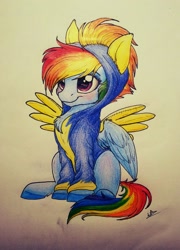 Size: 1896x2637 | Tagged: safe, artist:lupiarts, rainbow dash, spitfire, pegasus, pony, clothes, colored pencil drawing, costume, hoodie, solo, traditional art