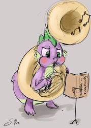 Size: 1280x1792 | Tagged: safe, artist:silfoe, derpibooru import, spike, dragon, musical instrument, royal sketchbook, solo, sousaphone