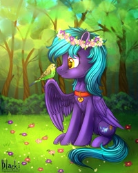 Size: 900x1125 | Tagged: safe, artist:blacki, oc, oc only, bird, pegasus, pony, charm, chest fluff, collar, digital art, female, floral head wreath, flower, fluffy, forest, golden eyes, meadow, pet tag, sitting, solo