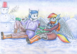 Size: 3485x2449 | Tagged: safe, artist:sinaherib, derpibooru import, rainbow dash, soarin', oc, oc:rainfall, anthro, female, male, momma dash, offspring, parent:rainbow dash, parent:soarin', parents:soarindash, shipping, snow, snowpony, soarindash, straight, traditional art, winter