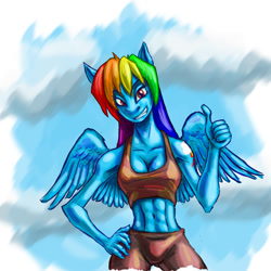 Size: 1024x1024 | Tagged: safe, artist:thebigbadwolf01, rainbow dash, anthro, pegasus, abs, alternative cutie mark placement, clothes, cloud, female, grin, smiling, solo, thumbs up