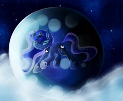 Size: 4200x3437 | Tagged: safe, artist:magnaluna, derpibooru import, princess luna, alicorn, pony, abstract background, crown, ear fluff, ethereal mane, female, jewelry, mare, moon, night, regalia, solo, starry mane, stars