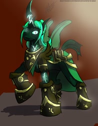 Size: 1006x1280 | Tagged: safe, artist:thebigbadwolf01, oc, oc only, oc:queen ceceda, changeling queen, armor, boots, changeling queen oc, clothes, glowing horn, green changeling, horn, raised hoof, scar, shoes, signature, slit eyes, solo